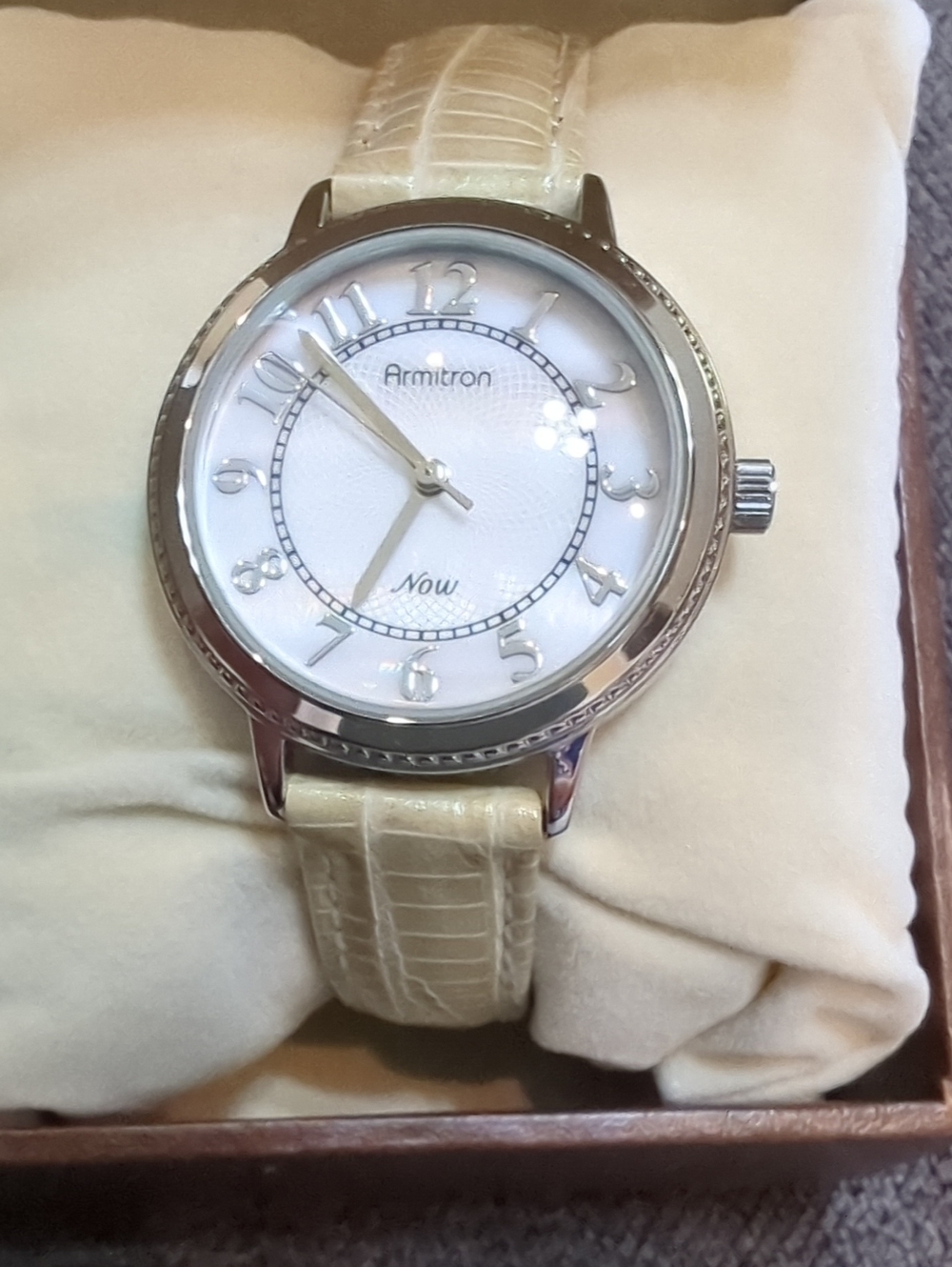 Armitron Silver Case Watch with Cream Croc-Texture Strap